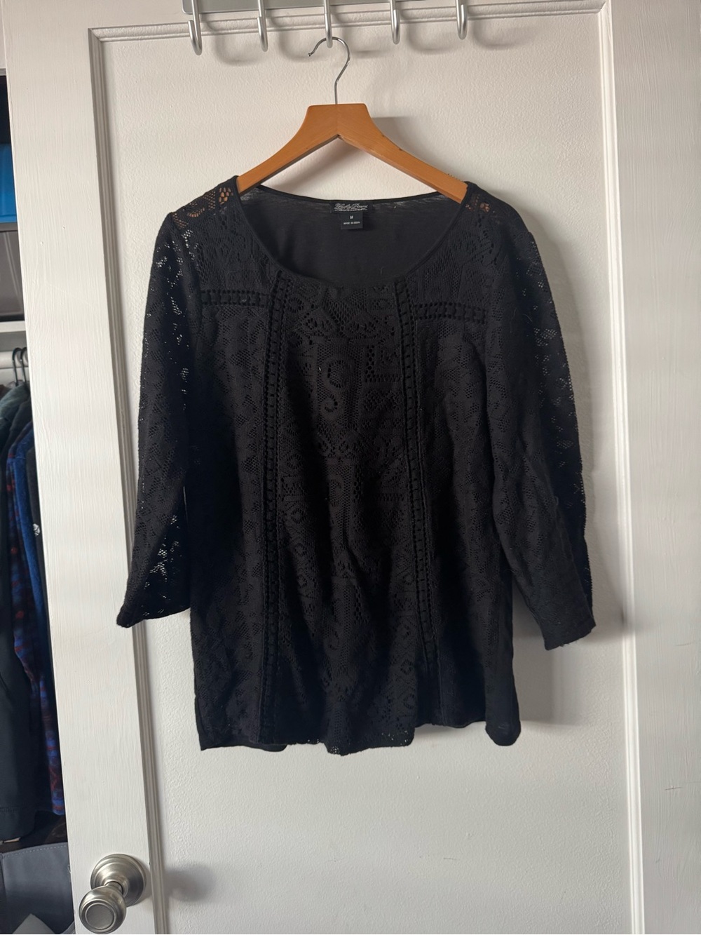Lucky Brand Black Lace & Crochet Knit Top 3/4 Sleeve M Boho